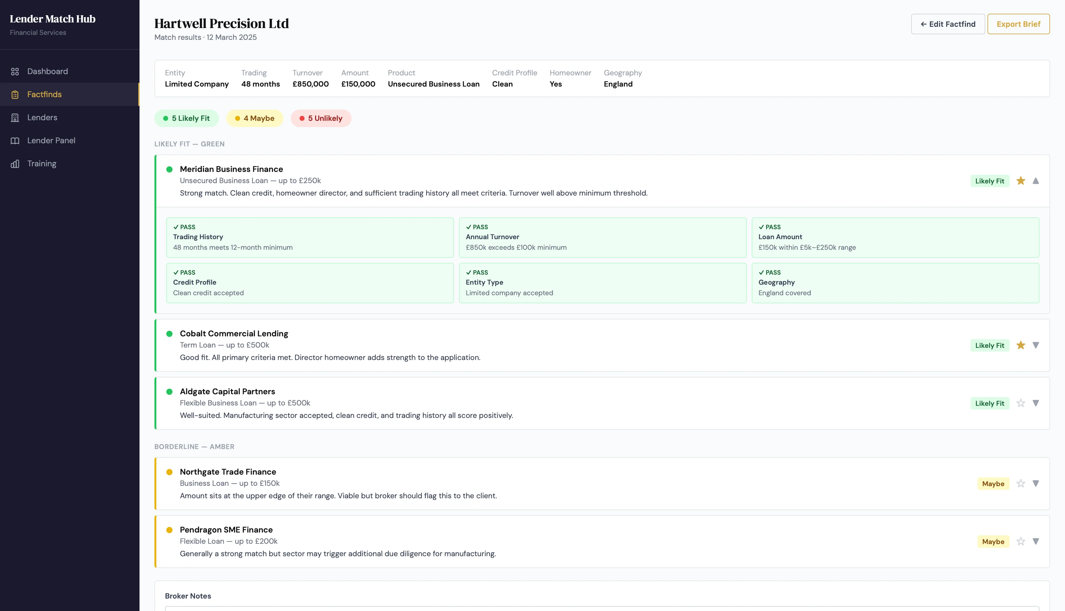 Matching results with lender scoring and criteria breakdown
