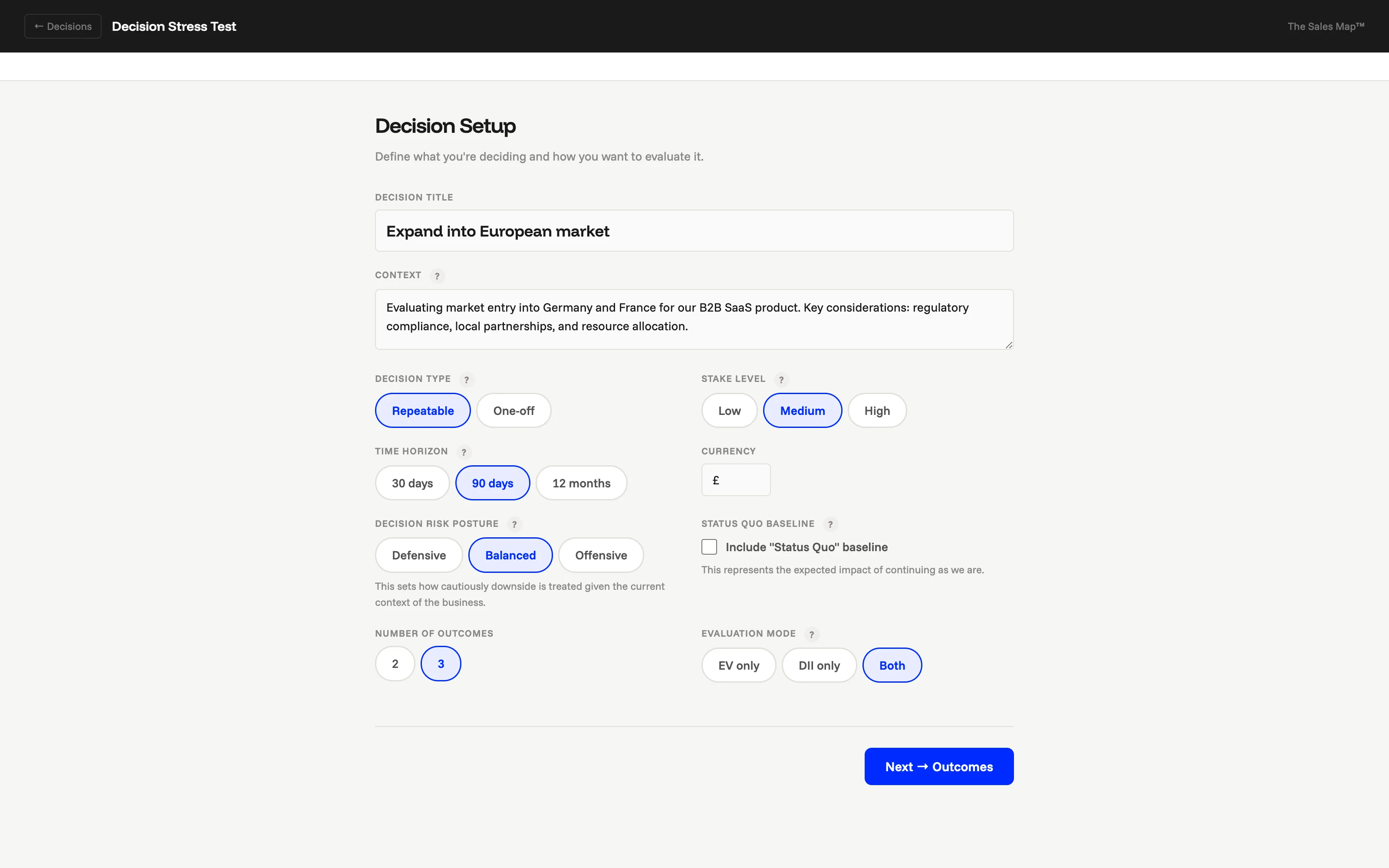Decision setup, title, context, type and stake pills